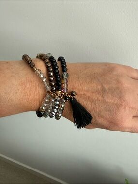Black and Brown Faceted Bead Bracelet Set with Tassel